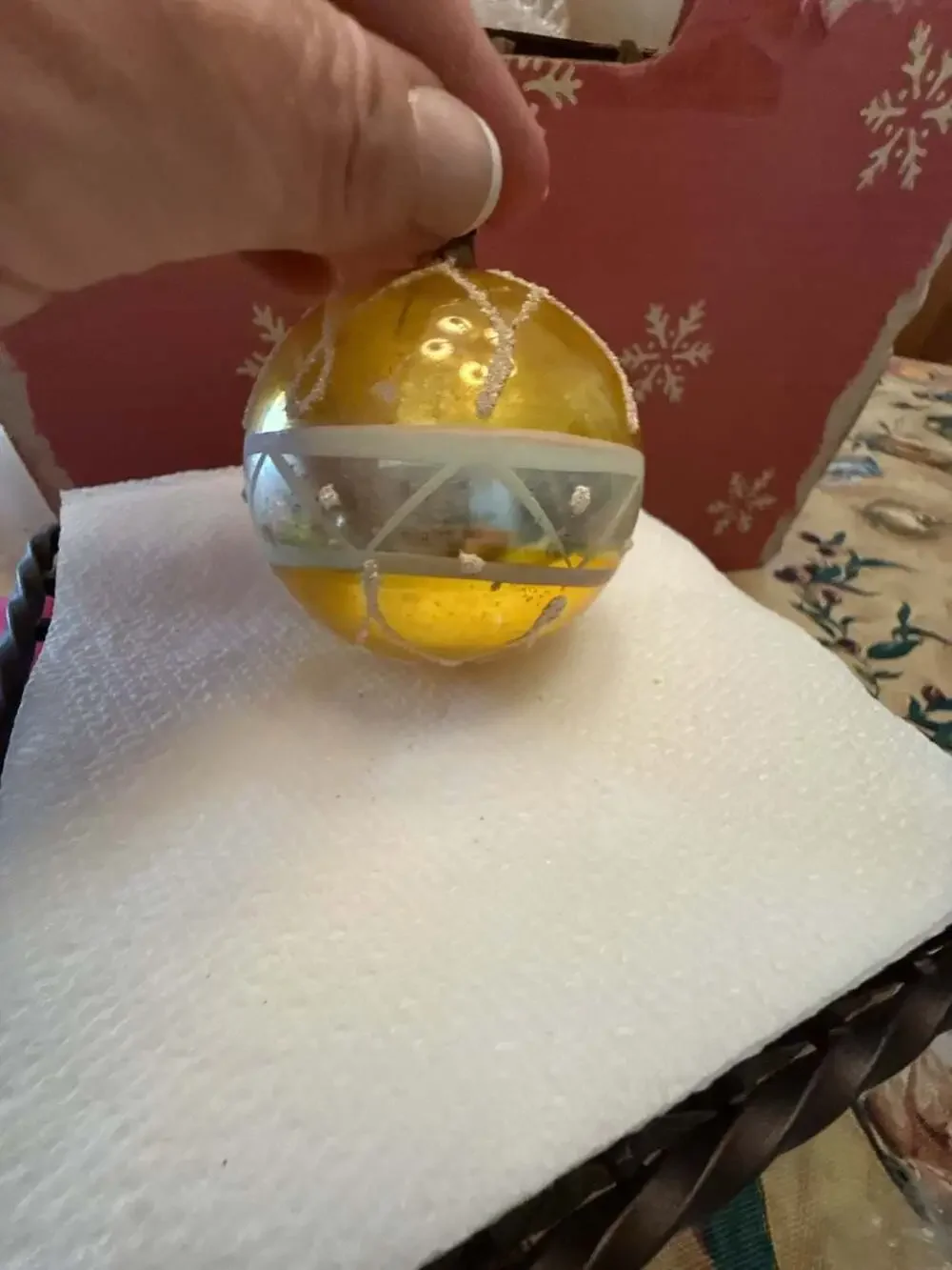 Vtg West Germany Mercury Glass Ornament Yellow Gold Glitter Swirl